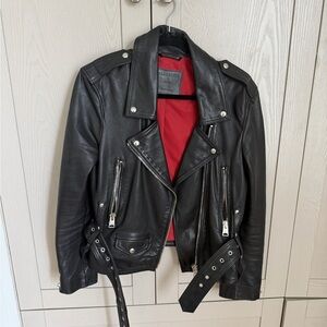 All Saints Black Leather Jacket with Bold Red Interior
